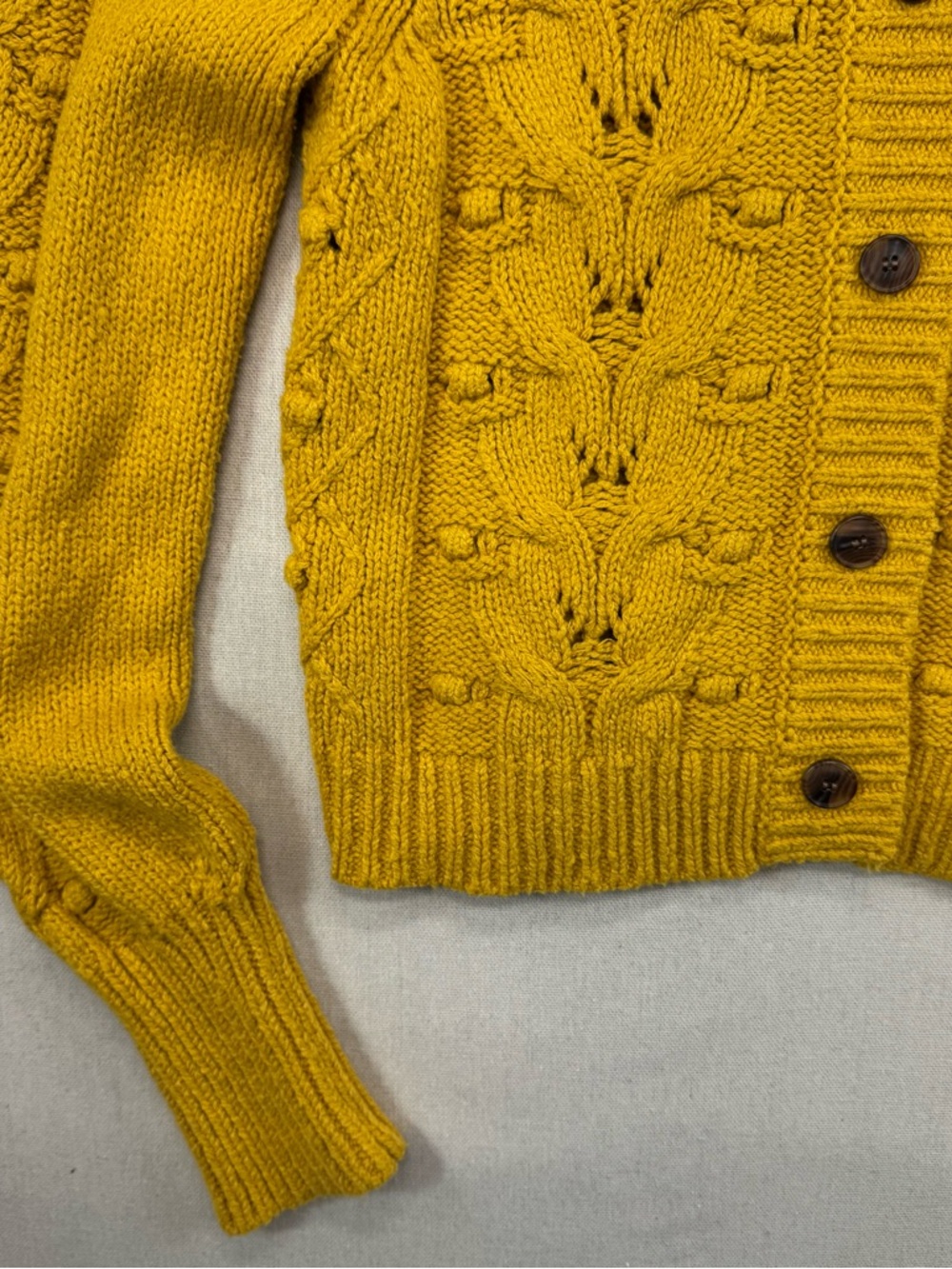 Anthropologie Mustard Yellow Cable Knit Puff Sleeve Cardigan Sweater Sz M - Picture 4 of 15